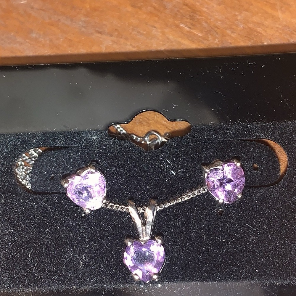 Sterling Silver‎ 925 Amethyst Jewelry Set Heart Shape Earrings and Necklace 18"